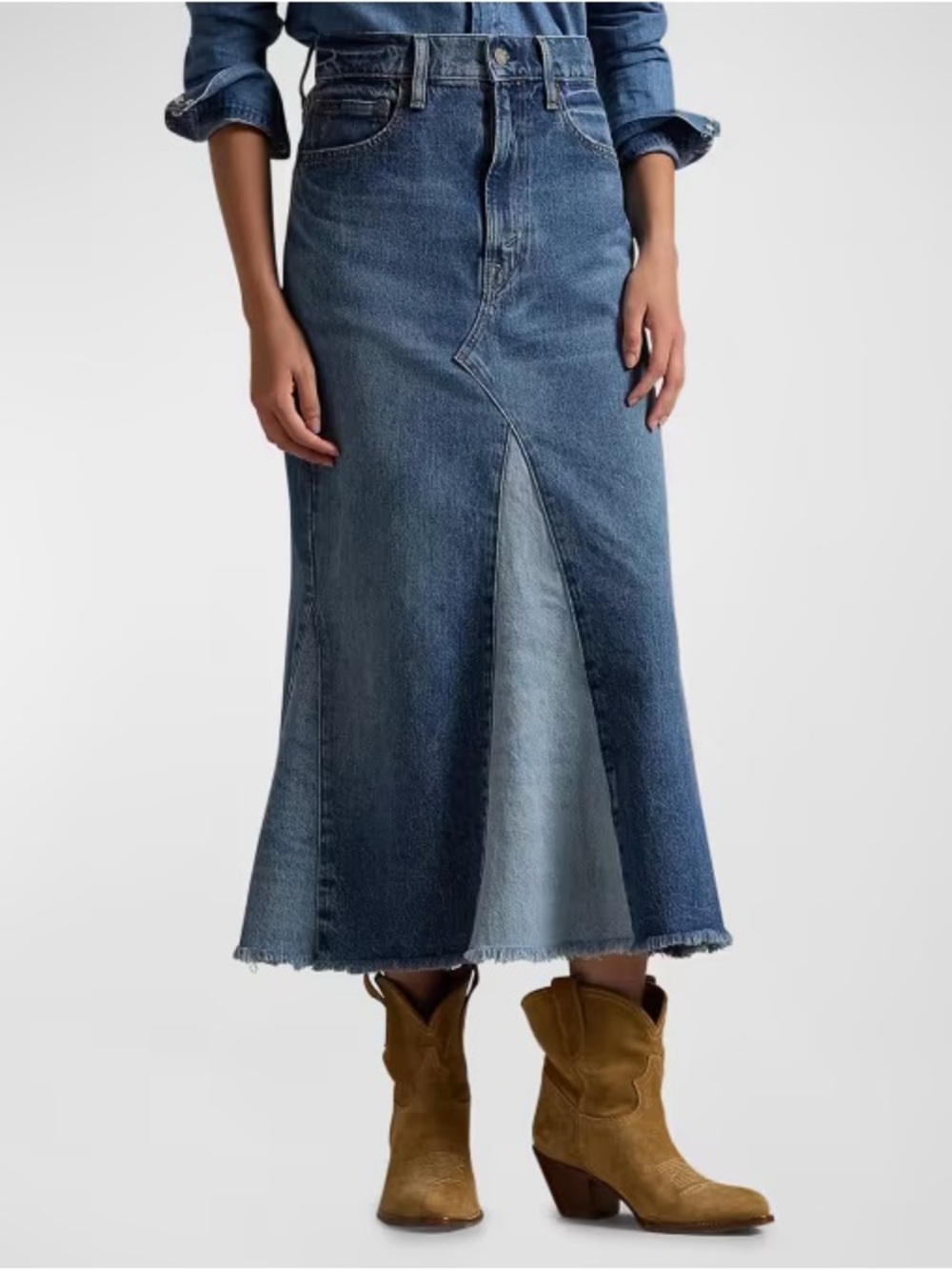 Polo Ralph Lauren Deconstructed Patchwork Denim Jean Midi Skirt Size 28 NWT